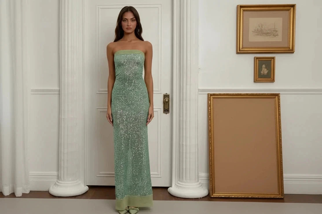 שמלת מקסי סטרפלס דגם- דריה